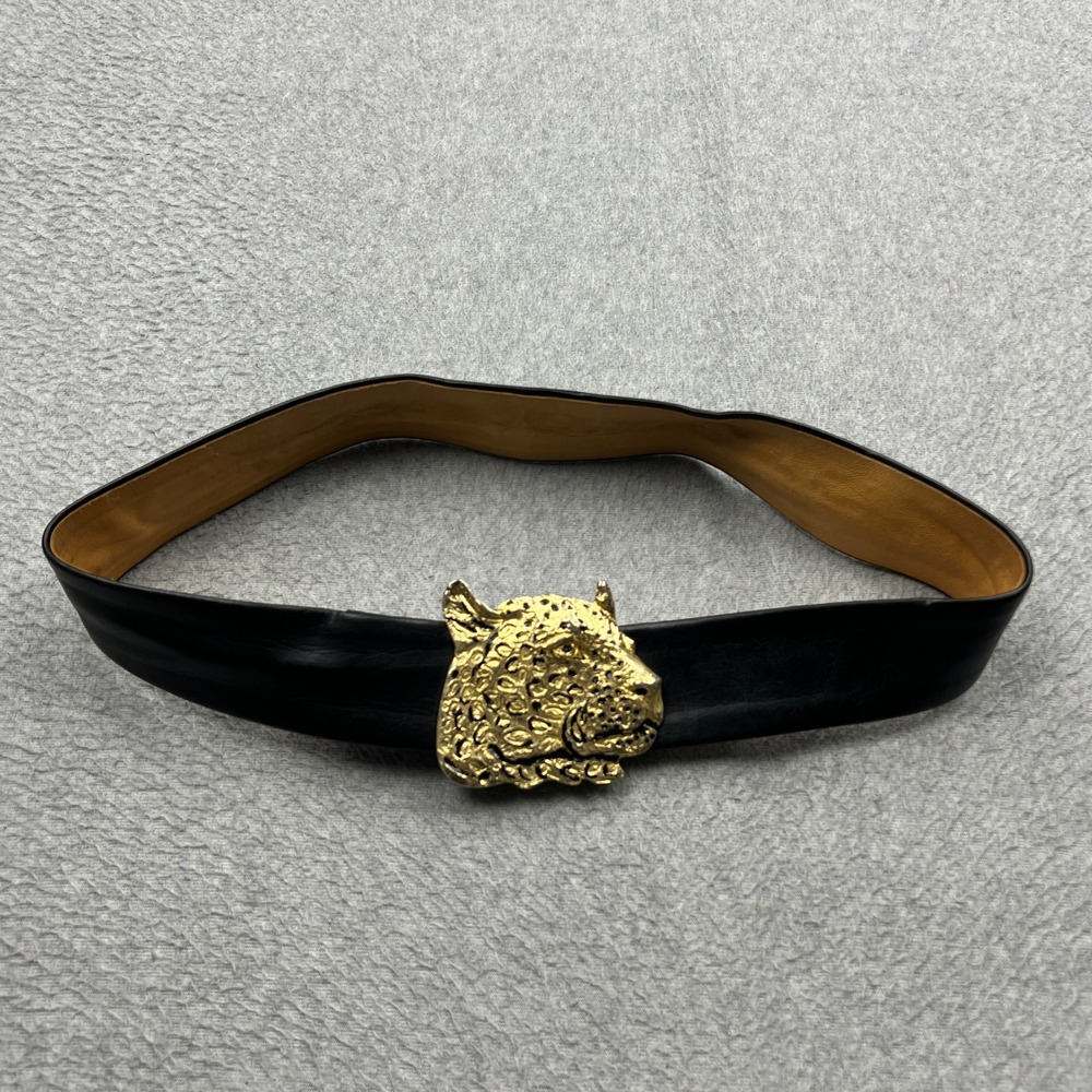 Vintage Mimi di N Leopard Belt Womens 31* Black Gold Cheetah Head Buckle 1972